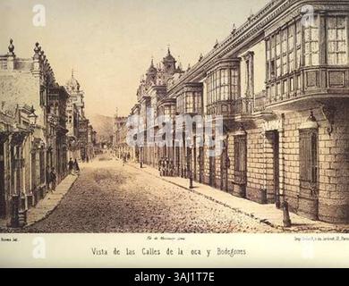 Eine Lithografie aus dem Jahr 1866, die die Straßen von La Coca und de Badegones in Lima, Peru, darstellt, veröffentlicht in Lima oder Sketches of the Capital of Peru. Die Lithografie zeigt das urbane Leben, die Architektur und die Straßen der Stadt in Lima Mitte des 19. Jahrhunderts und bietet einen Einblick in das historische Layout und die öffentlichen Räume der Hauptstadt. Stockfoto
