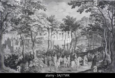 Druck von Nicolaes de Bruyn (1571–1656), der die biblische Szene von Abigail darstellt, die sich vor König David präsentiert. Dieses 1608 entstandene Kunstwerk zeigt biblische Geschichten durch feine Gravuren. Stockfoto