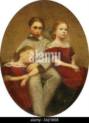 Dieses Familienporträt aus der Zeit um 1860 zeigt Alice Mary Darby, die spätere Mrs. Francis Alexander Wolryche-Whitmore, ihren Bruder Alfred und ihre Schwester Lucy als Kinder. Das Öl auf der Tafelarbeit bietet einen Einblick in die Kindheit des 19. Jahrhunderts. Stockfoto