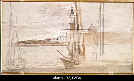 Gustave Moreas „Paysage d'Italie“ (Landschaft Italiens), die zwischen 1850 und 1895 entstand, zeigt eine italienische Landschaft und fängt die Schönheit der natürlichen Umgebung ein. Die Studie konzentriert sich auf die italienische Landschaft, die wahrscheinlich architektonische und natürliche Elemente enthält. Sie befindet sich im Musée Gustave Moreau. Stockfoto