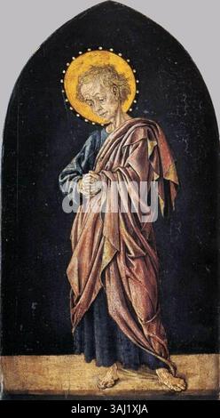 Diese Tempera auf Holzgemälde, die dem Meister von Pratovecchio zugeschrieben wird, stellt den Heiligen Johannes den Evangelisten dar und ist Teil des Pratovecchio Altars, gemalt um 1450. Sie befindet sich heute in der National Gallery. Stockfoto
