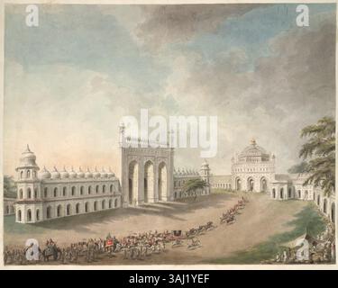 Dieses Aquarell von Sita RAM aus dem Jahr 1814 zeigt das erste Viereck des Großen Imambara-Komplexes in Lucknow und zeigt die komplizierte Architektur und das Layout des Gebäudes aus dem 18. Jahrhundert. Stockfoto