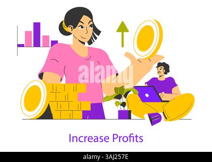 Abbildung zur Skalierung von Geschäftsprozessen. Eine Frau hält eine Münze über den Münzstapeln, was das Gewinnwachstum symbolisiert, während ein Mann an einem Laptop arbeitet. Dieses Konzept betont erfolgreiche Strategien zur Geschäftsentwicklung. Vektorabbildung. Stock Vektor