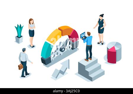 Isometrischer Mann mit Laptop und Power Scale Pfeil mit Zahnrädern, in Farbe auf weißem Hintergrund, Teamarbeit an einem gemeinsamen Projekt Stock Vektor