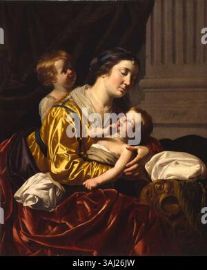 „Frau und Kinder“ (auch „Allegorie der Liebe“ genannt) von Jan van Bijlert, gemalt zwischen 1630 und 1671, zeigt eine zarte Szene, die Liebe und Liebe symbolisiert. Das Kunstwerk Öl auf Leinwand betont familiäre Beziehungen und die Wärme der Zuneigung, wobei die Unterschrift des Künstlers unleserlich wird. Stockfoto