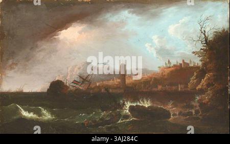 Sturmmeere und Schiffswracks, ein Ölgemälde eines Künstlers im Kreis von Claude-Joseph Vernet (1714–1789), das turbulente Gewässer und Schiffswracks darstellt, gemalt zwischen 1700 und 1799. Dieses maritime Kunstwerk befindet sich in der Sammlung des National Trust. Stockfoto