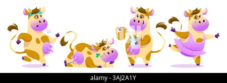 Lustige Kuhfiguren, isoliert auf weißem Hintergrund. Vektor-Karikaturillustration von niedlichem Bauernhoftier mit Euter läuft, liegt, Glas Milch gießt, Tanzballett, nette Milchprodukte Maskottchen Stock Vektor