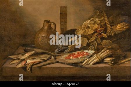 Dieses Stillleben Gemälde, das dem Kreis von Pieter Claesz (1597/1598–1660) zugeschrieben wird, zeigt eine Katze, einen Fisch, Spargel, Erdbeeren, und ein Steinglas auf einem Tisch. In den 1650er Jahren gemalt, veranschaulicht es das niederländische Stilleben, indem es alltägliche Objekte in akribischer Detailgenauigkeit festnimmt. Stockfoto