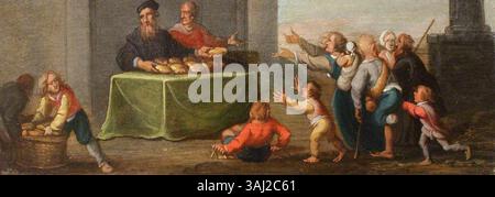 Das Gemälde „To Feed the Hungry“, Teil der Serie Seven Acts of Mercy, entstand um 1640–1650 im Atelier von Frans Francken II. Dieses religiöse Kunstwerk auf Kupfer zeigt den Akt der Ernährung der Hungernden und veranschaulicht die christliche Botschaft der Barmherzigkeit und des Mitgefühls. Stockfoto