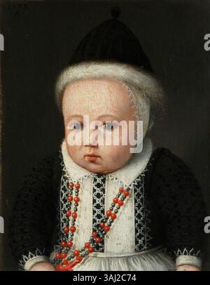 Ein Porträt, das Ludger Tom Ring dem Jüngeren zugeschrieben wird und 1583 ein kleines Kind zeigt, das eine fellgefütterte Mütze und eine Kette aus Korallenperlen trägt, die auf eine Platte gemalt sind. Stockfoto