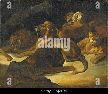 Dieses Gemälde von Théodore Géricault aus dem 19. Jahrhundert mit dem Titel „Lions Couchés“ zeigt ein Paar liegender Löwen. Das Kunstwerk ist eine Studie über die Anatomie und Form der Tiere und zeigt Géricaults Fähigkeiten in der Darstellung von Wildtieren. Stockfoto
