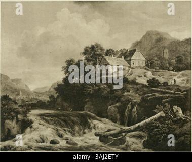 Jacob van Ruisdaels „Ein Wasserfall“, gemalt 1660, ist ein bedeutendes Beispiel der niederländischen Landschaftsmalerei aus dem 17. Jahrhundert. Das Öl auf Leinwand fängt die dramatische natürliche Schönheit eines Wasserfalls ein und zeigt Ruisdaels Beherrschung von Licht und Landschaft. Stockfoto