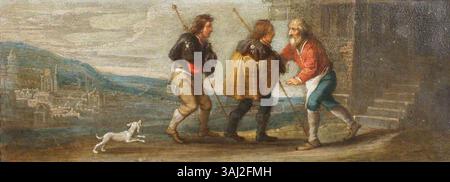 Dieses Gemälde aus der Serie Chirk Cabinet zeigt den Akt der Unterbringung des Fremden, ein Schlüsselelement der Sieben Akte der Barmherzigkeit, die zwischen 1640 und 1650 in Öl auf Kupfer entstanden ist. Stockfoto