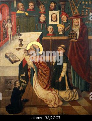 Der rechte Außenflügel des Kranenkonvent-Altars, der dem Kreis Johannes Stenrat zugeschrieben wird, zeigt die Gregorsmesse, eine liturgische Szene. Dieses Werk, das in den 1470er Jahren entstanden ist, ist ein Beispiel gotischer religiöser Kunst aus dem späten Mittelalter mit Holzkonstruktion und detaillierter Ikonographie. Stockfoto