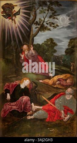 „Gebet im Garten“ von Jakub Mertens, gemalt um 1600, zeigt Jesus im Garten Gethsemane vor seiner Verhaftung. Das Ölgemälde befindet sich in der Basilika der Himmelfahrt der Jungfrau Maria in Kraków, Polen, und spiegelt Mertens’ detaillierten, hingebungsvollen Stil wider, der von flämischen und polnischen Kunsttraditionen beeinflusst wurde. Stockfoto