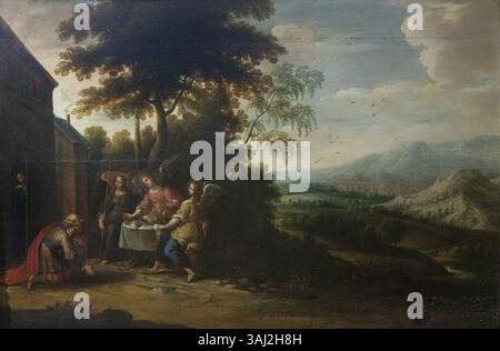 Dieses Gemälde aus dem Atelier von Frans Francken II. Zeigt Abraham und Sarah, die von drei Engeln besucht werden. Es wurde zwischen 1581 und 1642 erbaut und ist ein Öl-auf-Tafelstück, das in der National Trust Kollektion untergebracht ist. Stockfoto