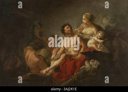 Diese reduzierte Kopie von Francois Bouchers „Venus in Vulkan's Forge“ aus dem Jahr 1747 zeigt eine mythologische Szene, in der Venus, die Göttin der Liebe, in der Vulkan's Schmiede dargestellt wird. Das Gemälde ist eine Kombination aus Öl und Papier-mâché. Stockfoto