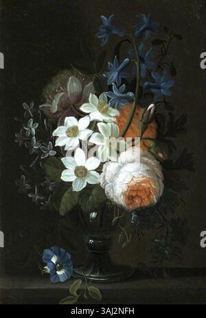 Dieses Stillleben Gemälde, das Pieter Casteels oder seinem Stil zugeschrieben wird, zeigt einen Blumenstrauß in einer Vase auf einem Felsvorsprung. Das 1749 gemalte Werk zeigt den niederländischen Einfluss auf die englische Stilllebenskunst im 18. Jahrhundert. Stockfoto