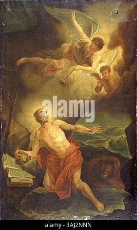 Joseph Légarés Gemälde von 1825 nach Pierre Dulin zeigt den Heiligen Jérôme, der die Posaune des letzten Gerichts hört. Das Öl auf Leinwand, das im Musée national des beaux-Arts du Québec ausgestellt ist, repräsentiert eine religiöse Szene aus der christlichen Eschatologie. Stockfoto