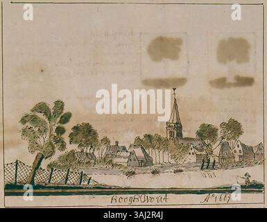 Andries Schoemakers Atlas von Westfriesland (1710–1735) enthält detaillierte Karten der Region, einschließlich Hoogwoud, wie sie in diesem beschnittenen Abschnitt zu sehen sind. Der atlas dokumentiert Städte, Dörfer und Adelsgüter in Nordholland und spiegelt den kartographischen Stil des frühen 18. Jahrhunderts wider. Stockfoto