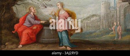 Dieses Öl auf Kupfergemälde, das zwischen 1640 und 1650 entstanden ist, zeigt Christus, der die Frau von Samaria am Brunnen trifft. Es ist Teil der Serie Seven Acts of Mercy des Chirk Cabinet, die eine biblische Interaktion darstellt. Stockfoto