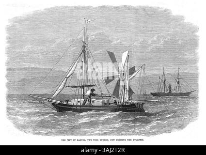 Die Lithografie aus dem Jahr 1870 zeigt die Stadt Ragusa, heute bekannt als Dubrovnik, die den Atlantik überquert. Dieses Bild wurde in „The Illustrated London News“ veröffentlicht und zeigt das kleine 20 Fuß große Yawl während seiner Reise. Stockfoto