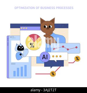 Die Integration von KI in das Unternehmensmanagement verbessert die Effizienz und die Entscheidungsfindung. Diese Abbildung zeigt die Optimierung durch Datenanalyse und zeigt die Rolle der Technologie in modernen Prozessen. Stock Vektor
