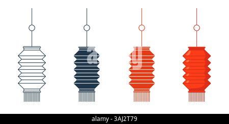 Chinesische Papierlaternen Set. Rote Hängelampen mit Quasten in traditionellem Design und flachem Stil. Festliche asiatische Symbole für Mondneujahr, Feier, Dekoration oder kulturelle Grußvektordesign. Stock Vektor