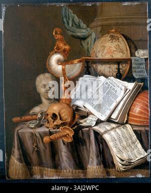 Dieses Vanitas-Stillleben-Gemälde von Edwaert Collier, um 1688, zeigt Bücher, Musikinstrumente und einen astronomischen Globus auf einem Tisch, der die flüchtige Natur des Lebens und des Wissens symbolisiert. Der niederländische Satz „SIC Transit Gloria Mundi“ spiegelt das Thema Sterblichkeit und Vergänglichkeit wider. Stockfoto