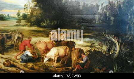 Dieses Gemälde, das um 1640 Peter Paul Rubens zugeschrieben wird, zeigt eine Herde von Kühen in einer Landschaft und zeigt den detaillierten Umgang des Künstlers mit Tieren und Natur. Stockfoto