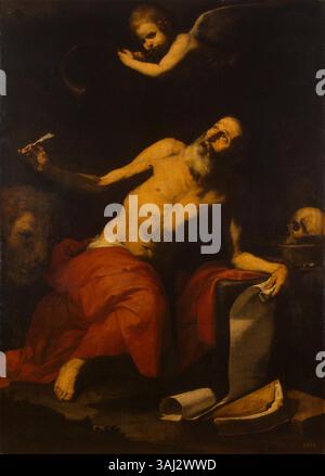 Jusepe de Riberas „St. Jerome und der Engel“ (1626), das sich im Eremitage Museum befindet, zeigt eine religiöse Szene, die den Heiligen Jerome und den Engel darstellt. Das Öl auf Leinwand veranschaulicht Riberas dramatischen Realismus. Stockfoto