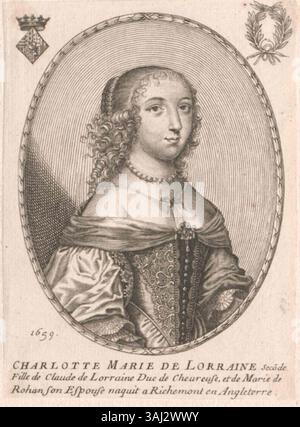Porträt von Charlotte-Marie von Lothringen (1627–1652), Tochter von Marie de Rohan, Herzogin von Chevreuse. Der Stich, der im 17. Jahrhundert entstanden ist, zeigt ihr Gleichnis und betont Details aus der Zeit. Stockfoto