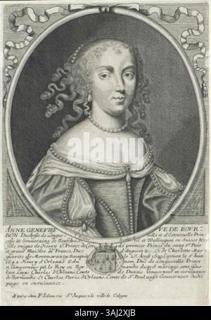 Dieser Kupferstich von Francois Jollain aus dem 17. Jahrhundert zeigt Anne Geneviève de Bourbon, die Ehefrau von Henri II. D’Orléans, Herzog von Longueville, und zeigt ihre aristokratische Abstammung. Stockfoto
