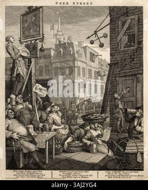 William Hogarths 1751 erschienene Ausgabe *Beer Street, State 3* stellt eine lebhafte Stadtszene in London dar und kritisiert die Auswirkungen exzessiven Alkoholkonsums durch lebendige Details und Charaktere in einem sozialen Kontext. Stockfoto