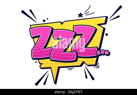 Farbenfrohe gelbe und magentafarbene Sprechblase mit dem Text zzzzz..., Rasterelementen und dunklen, niedlichen Details. Stock Vektor