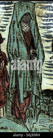 Diese Abbildung aus dem Jahr 1486 zeigt eine Frau, die eine Burka trägt, ein Kleidungsstück, das häufig in verschiedenen Kulturen getragen wird. Das Bild bietet einen Einblick in die Bekleidungstraditionen des späten 15. Jahrhunderts. Stockfoto