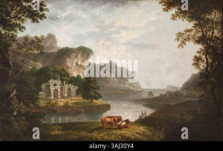 Dieses Ölgemälde zeigt eine bewaldete Flusslandschaft mit Schwemmern und Rindern in der Nähe einer Burgruine. Das zwischen 1762 und 1810 entstandene Gebäude fängt eine ruhige ländliche Szene ein. Stockfoto