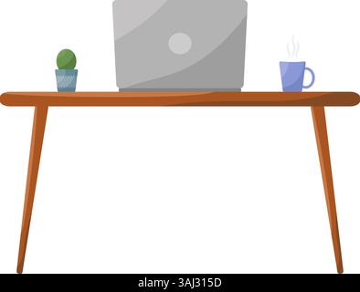 Ein Laptop befindet sich auf einem Holztisch. Eine Tasse Kaffee liegt auf dem Schreibtisch neben dem Laptop Stock Vektor