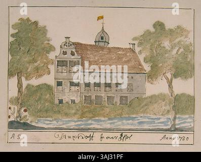 Dieses Bild aus Andries Schoemakers Atlas Schoemaker (1710–1735) zeigt eine Darstellung von Dingshof in Overijssel, einem Gebiet in den Niederlanden. Das Werk enthält detaillierte Darstellungen von Städten, Dörfern und Landschaften, die einen Einblick in das niederländische Leben im 18. Jahrhundert geben. Stockfoto