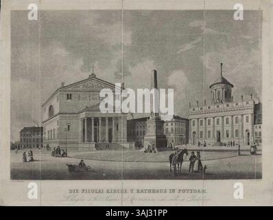 Carl Schulins Aquatindruck von 1840 fängt einen Blick aus dem Potsdamer Stadtschloss ein und zeigt die Nikolaikirche, den Obelisken und das Alte Rathaus in Potsdam und hebt die architektonischen Wahrzeichen der Stadt hervor. Stockfoto