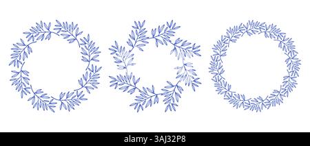 Mediterrane blaue Olivenzweige, kreisförmiges Rahmenset. Handgezeichnete runde Linie, Blätter und Blumen, Hochzeitseinladungen und Karten, Logo-Design und Stock Vektor