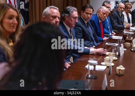 US-Präsident Donald J. Trump hört sich während einer Kabinettssitzung im Kabinettssaal des Weißen Hauses in Washington, DC, USA, an. April 2025. Quelle: Abaca Press/Alamy Live News Stockfoto