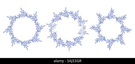 Mediterrane blaue Olivenzweige, kreisförmiges Rahmenset. Handgezeichnete runde Linie, Blätter und Blumen, Hochzeitseinladungen und Karten, Logo-Design und Stock Vektor