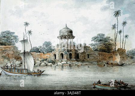 Dieses Aquarell von Sita RAM aus dem Jahr 1814 zeigt Jaffeir Khans Garten in Patna. Die Arbeit, die mit Graphit, Stift und brauner Tinte erstellt wurde, bietet einen Einblick in die ruhige Gartenumgebung mit seiner üppigen Umgebung und der formalen Struktur. Stockfoto