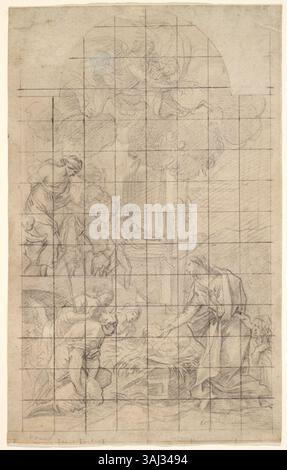Eine frühe Skizze für Simon Vouets „Adoration des Bergers“, diese Zeichnung aus dem 17. Jahrhundert erfasst die ursprüngliche Komposition der Krippe in schwarzer Kreide auf antikem Büttenpapier. Stockfoto