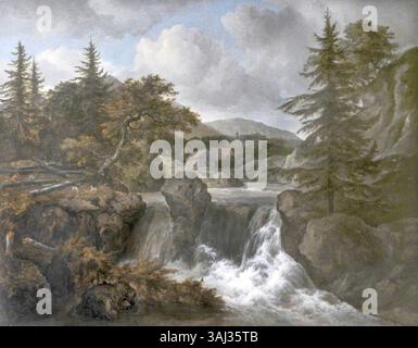 Jacob van Ruisdaels „Landschaft mit Wasserfall“, gemalt zwischen 1648 und 1682, ist ein ikonisches Beispiel der niederländischen Landschaftsmalerei. Das Öl auf Leinwand stellt einen dramatischen Wasserfall in einer natürlichen Umgebung dar, der Ruisdaels Expertise in Bezug auf die Kraft der Natur und die Schönheit der niederländischen Landschaft widerspiegelt. Stockfoto