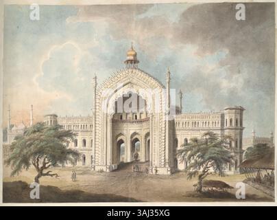 Dieses Aquarell von Sita RAM aus dem Jahr 1814 zeigt die Rumi Darwaza in Lucknow, die von Nordwesten aus aufgenommen wurden. Das Werk ist Teil von „Views by Seeta RAM“, das für Lord Moira während seiner Reise von Kalkutta nach Delhi produziert wurde. Das Rumi Darwaza, ein monumentales Tor, wurde im 18. Jahrhundert unter Nawab Asaf ud-Daula errichtet und steht als Symbol für Awadhs architektonisches Erbe. Stockfoto