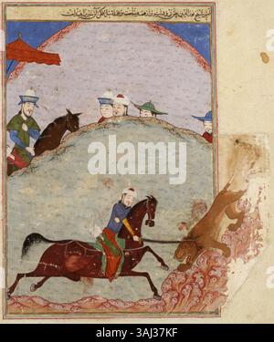 Eine Szene aus der „Zafarnama des Ibrahim Sultans“ zeigt, wie Shaykh nur al-DIN einen Löwen vor Timur tötet, nachdem er in Indien einen Feldzug unternommen hatte. Das Gemälde aus dem Jahr 1436 spiegelt die Tapferkeit und Tapferkeit der Timuriden wider. Stockfoto
