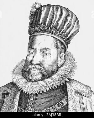 Porträt von Rudolf II., Kaiser des Heiligen Römischen Reiches, aus der 1854er Serie „Zweihundert Deutsche Männer in Porträts und Biografien“ von Ludwig Bechstein. Das Porträt fängt den Kaiser in königlicher Kleidung ein und betont seinen kaiserlichen Status und seine Autorität. Stockfoto