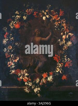 Stillleben mit Blumen und einem Basreliefs, gemalt von Jean-Baptiste Monnoyer zwischen 1650 und 1699, ist ein Öl auf Leinwand mit einer detaillierten Anordnung von Blumen und einer Basreliefskulptur. Das Stück veranschaulicht die Stilllebenskunst des 17. Jahrhunderts. Stockfoto